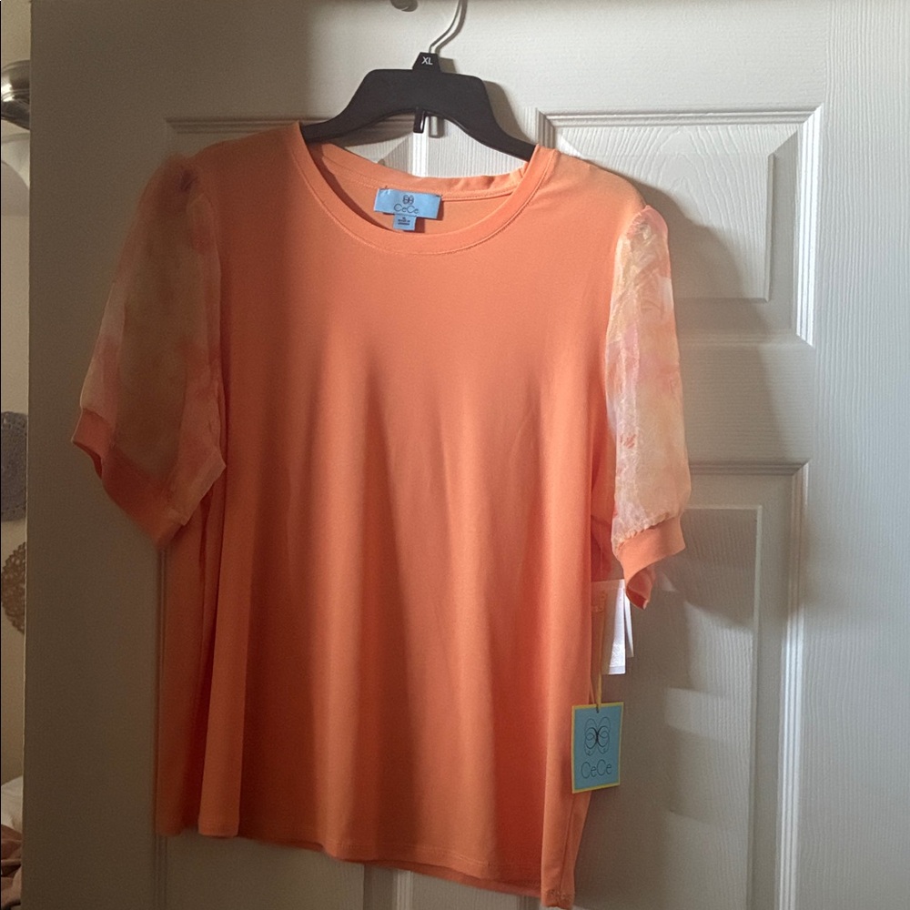 CeCe Orange Short Sleeve Top with Sheer Sleeves